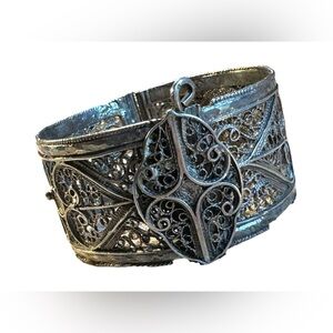 Antique filagree 800 silver late 1800s heart flower Tunisian bangle bracelet